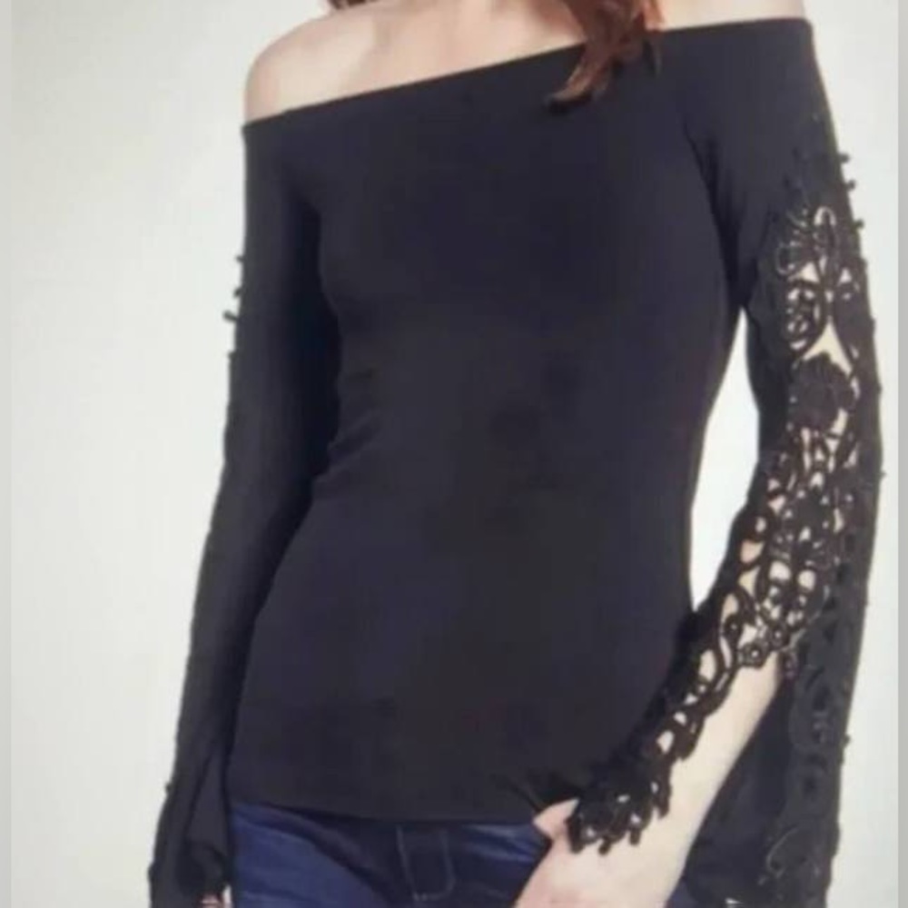 Bailey 44 Black Nocturnal Off The Shoulder Lace Sleeve Top - Medium